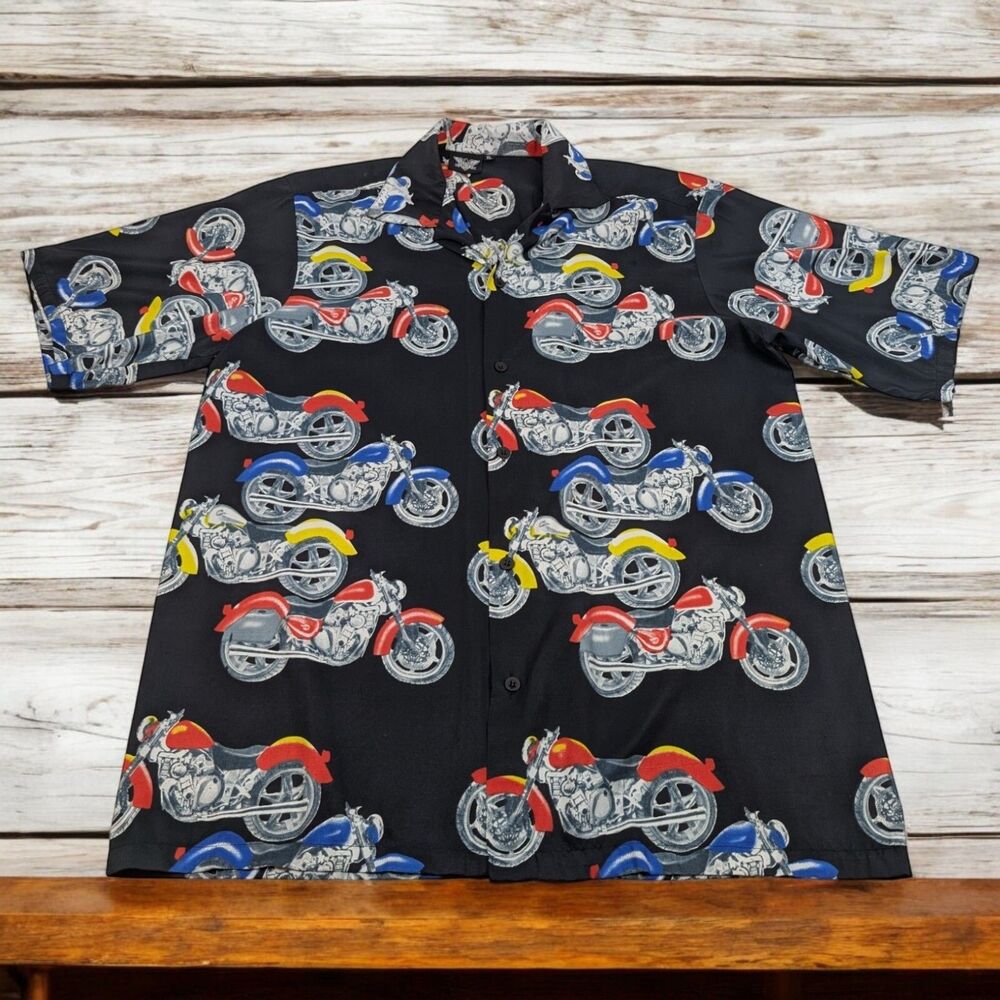 American‎ Biker Hawaiian Shirt Mens XL Black Button Up Motorcycle Bike